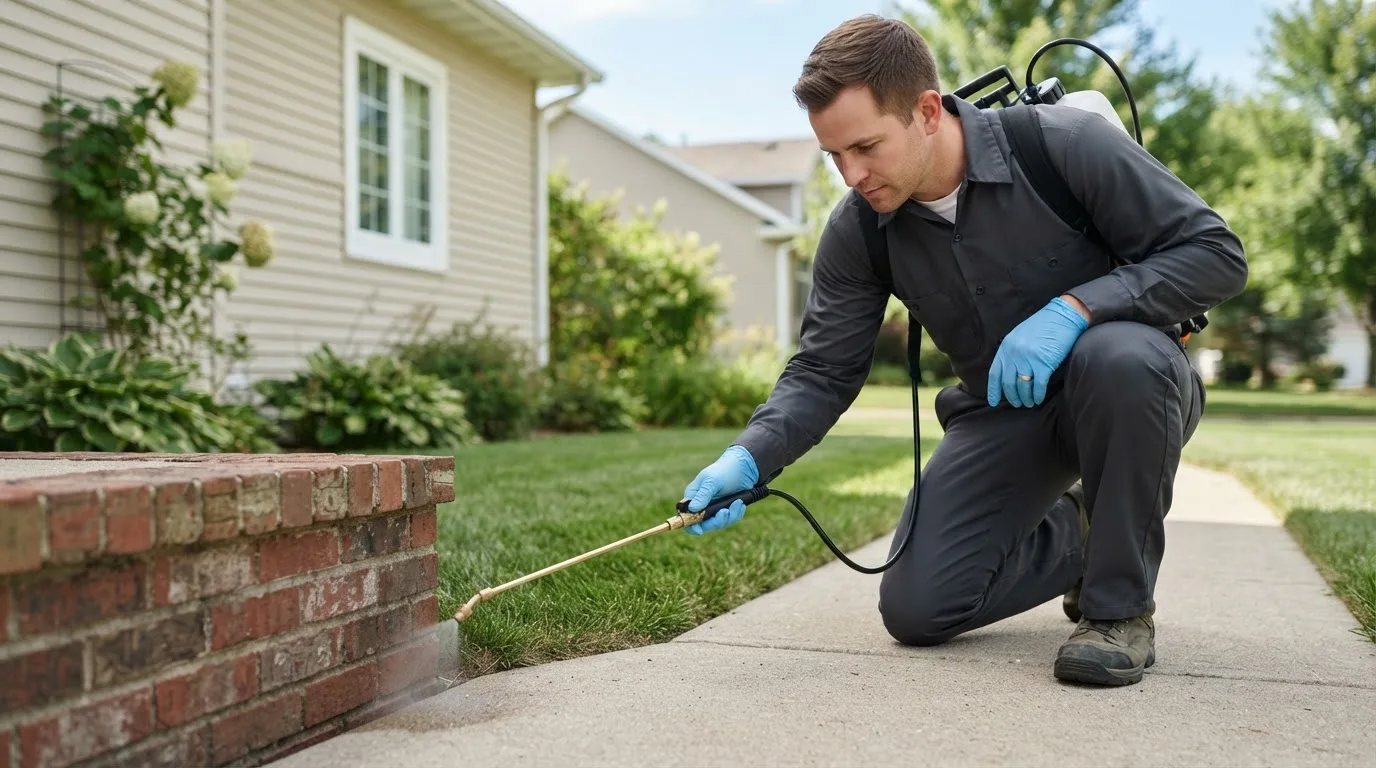 Pest control technician treating a home near Burnham, PA