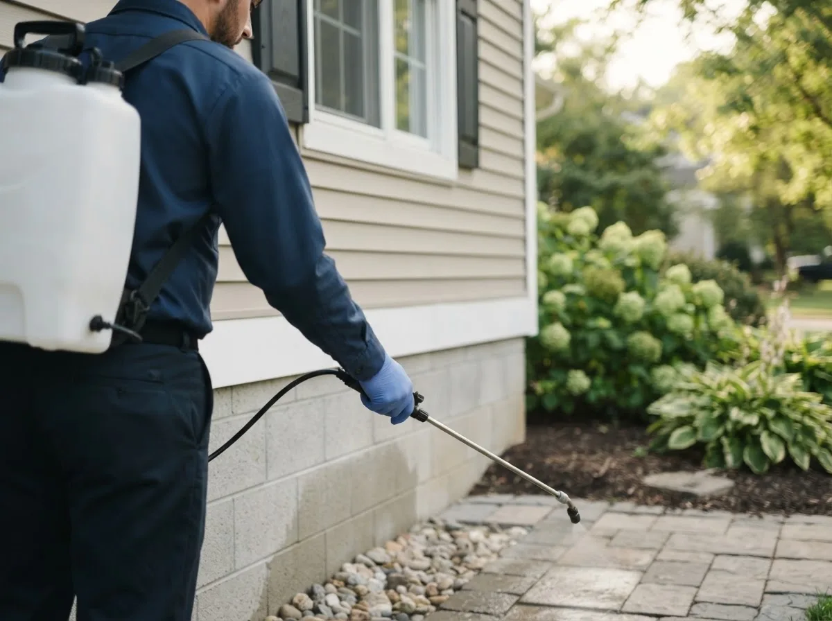 Pest control technician inspecting a home in Burnham, PA